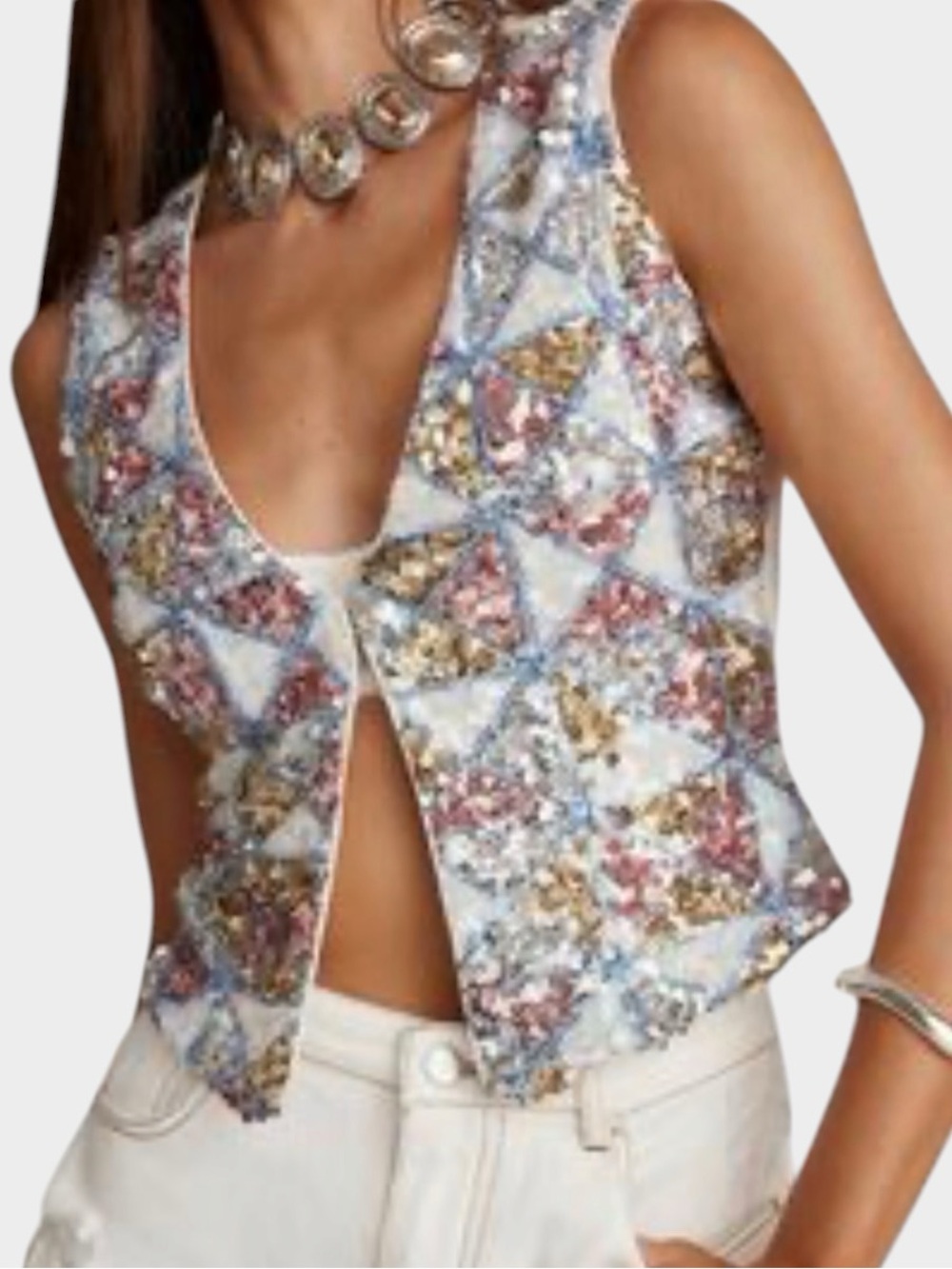 12th Tribe NWT Sequin Open Front Vest Top Large Pastel Geometric Festival Boho